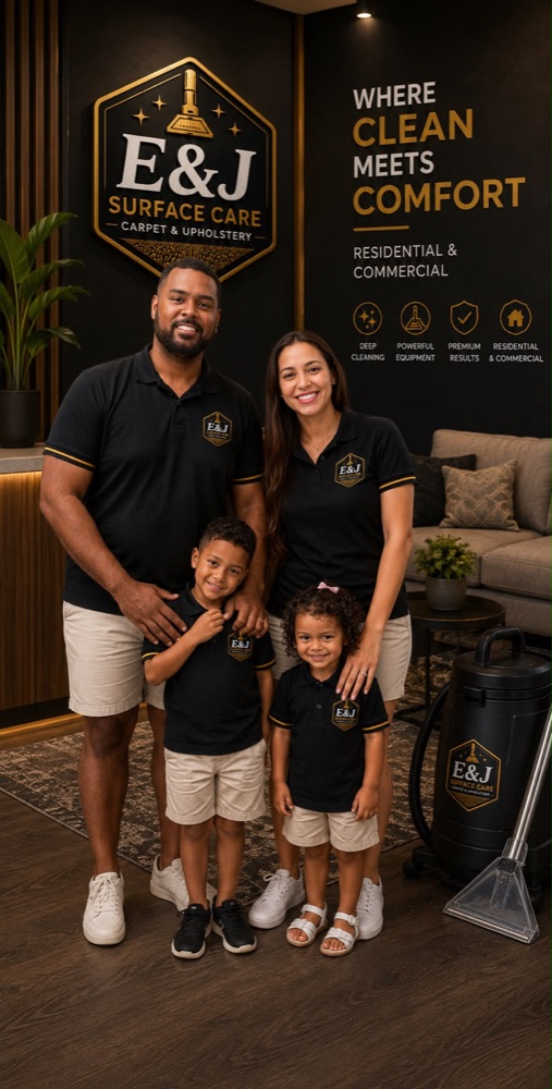 The De Souza family in front of the E&J Surface Care wall